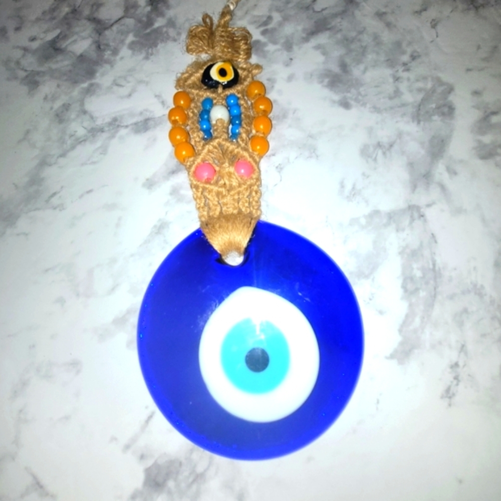 Glass Evil Eye Protection Amulet Marine Blue Wall Hanging Macrame Art Handmade